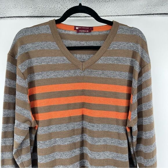 Blair Underwood Men’s Large Modern Fit Orange Brown Striped V-Neck Sweater - Picture 2 of 12